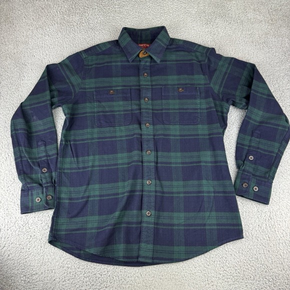 Orvis Flannel Shirt Mens Medium Green‎ Plaid Button Up Heavy Duty - Picture 1 of 11